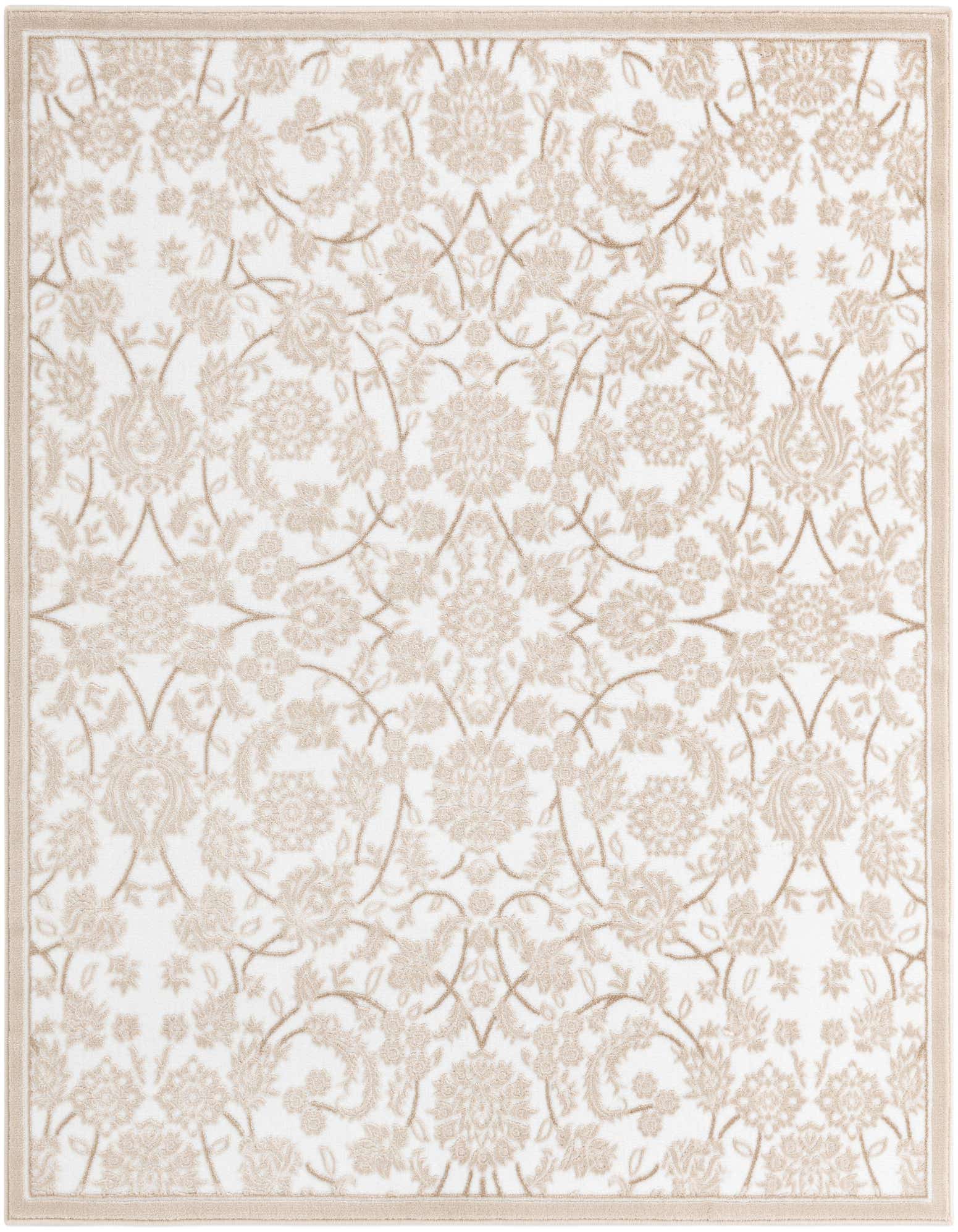 A 6' 0 x 6' 0 square white area rug with a subtle, textured beige traditional floral and botanical pattern and a thin border.