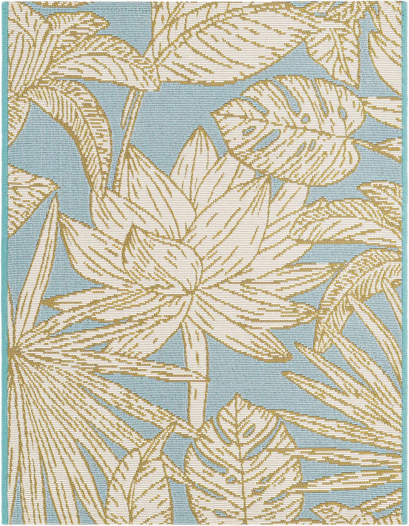 A 2x3 rectangular Rugs.com Outdoor Botanical rug with a soft blue background and large, overlapping off-white and gold tropical leaf patterns.