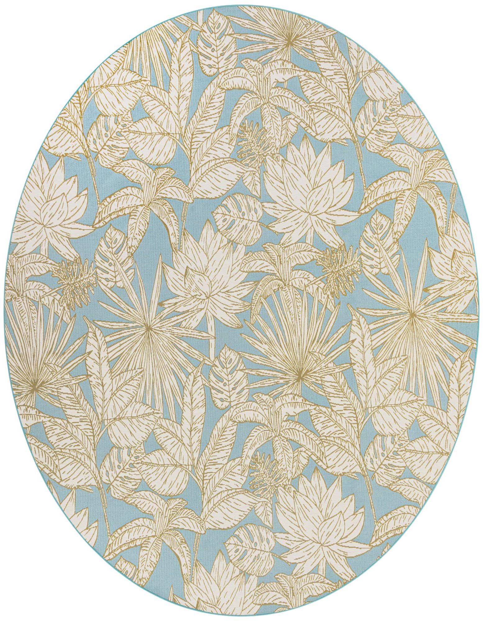 A 10-foot round soft blue indoor/outdoor rug with a modern botanical pattern of cream and gold leaves.