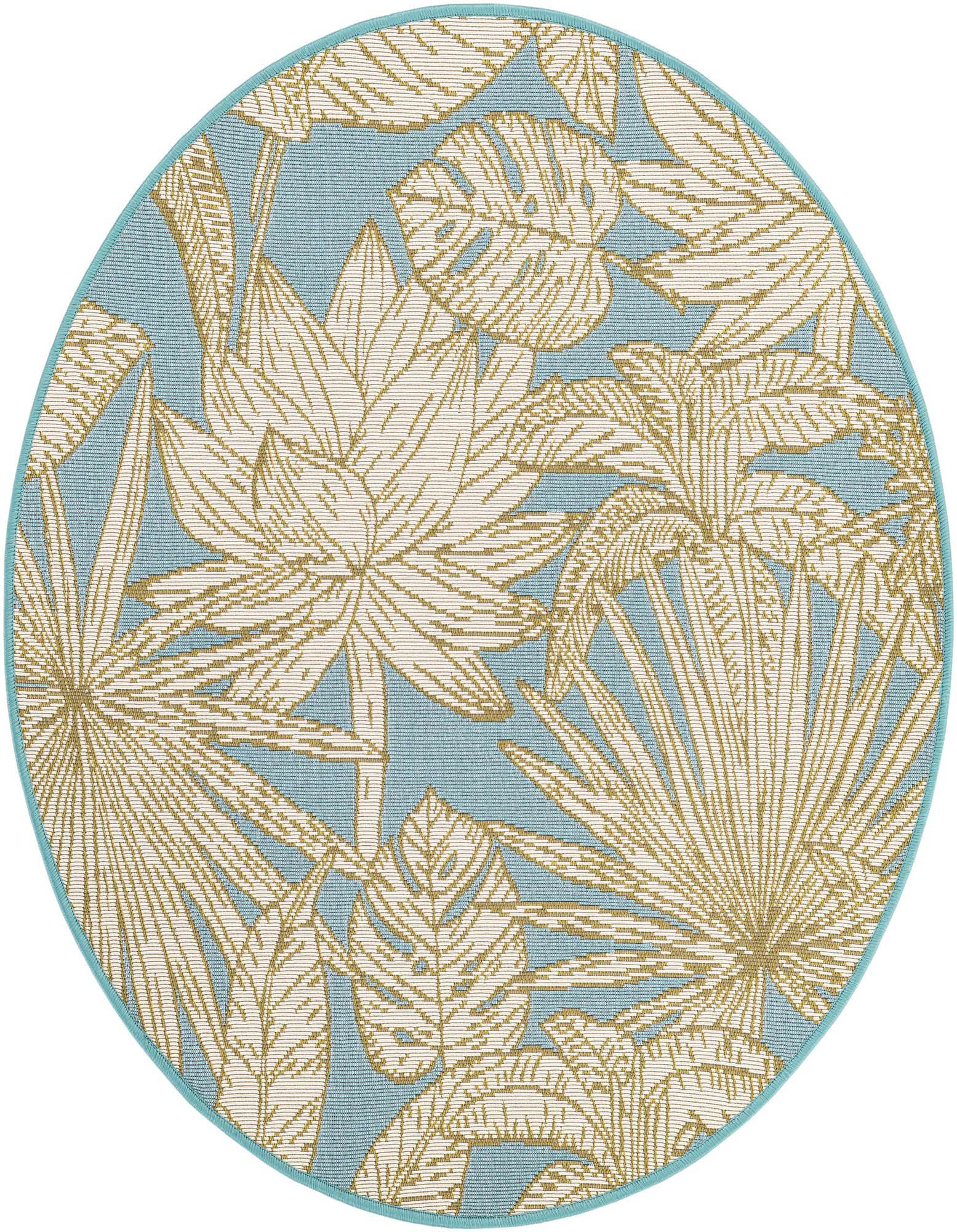 A 3' round indoor/outdoor rug with a soft blue background and large cream-colored tropical leaf patterns, featuring a teal border.