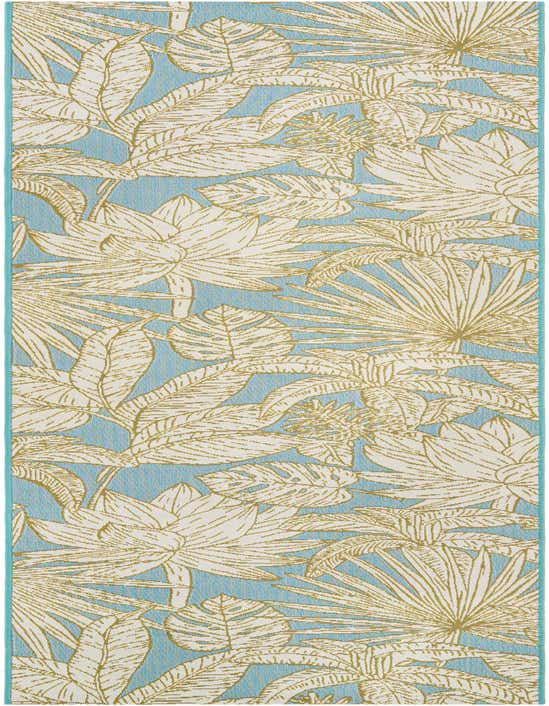 A 10 ft runner rug featuring a soft blue background with a modern botanical pattern of white and gold tropical leaves, suitable for a hallway or patio.