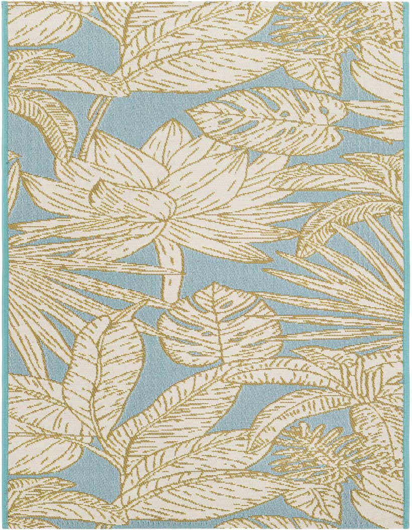 A 5 Ft Runner rug from the Outdoor Botanical collection by Rugs.com, featuring a modern floral pattern with soft blue background and cream-colored tropical leaves.