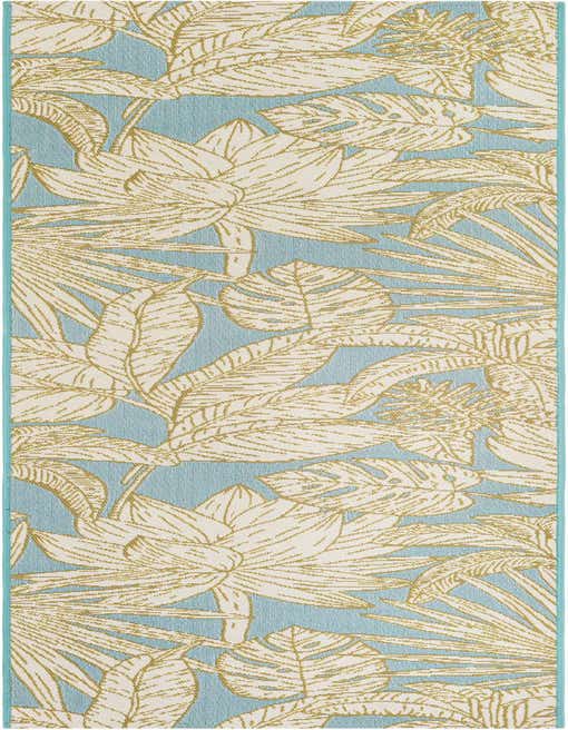A soft blue 8 ft runner rug with a modern floral pattern featuring large cream and gold botanical leaves, suitable for a hallway or patio.