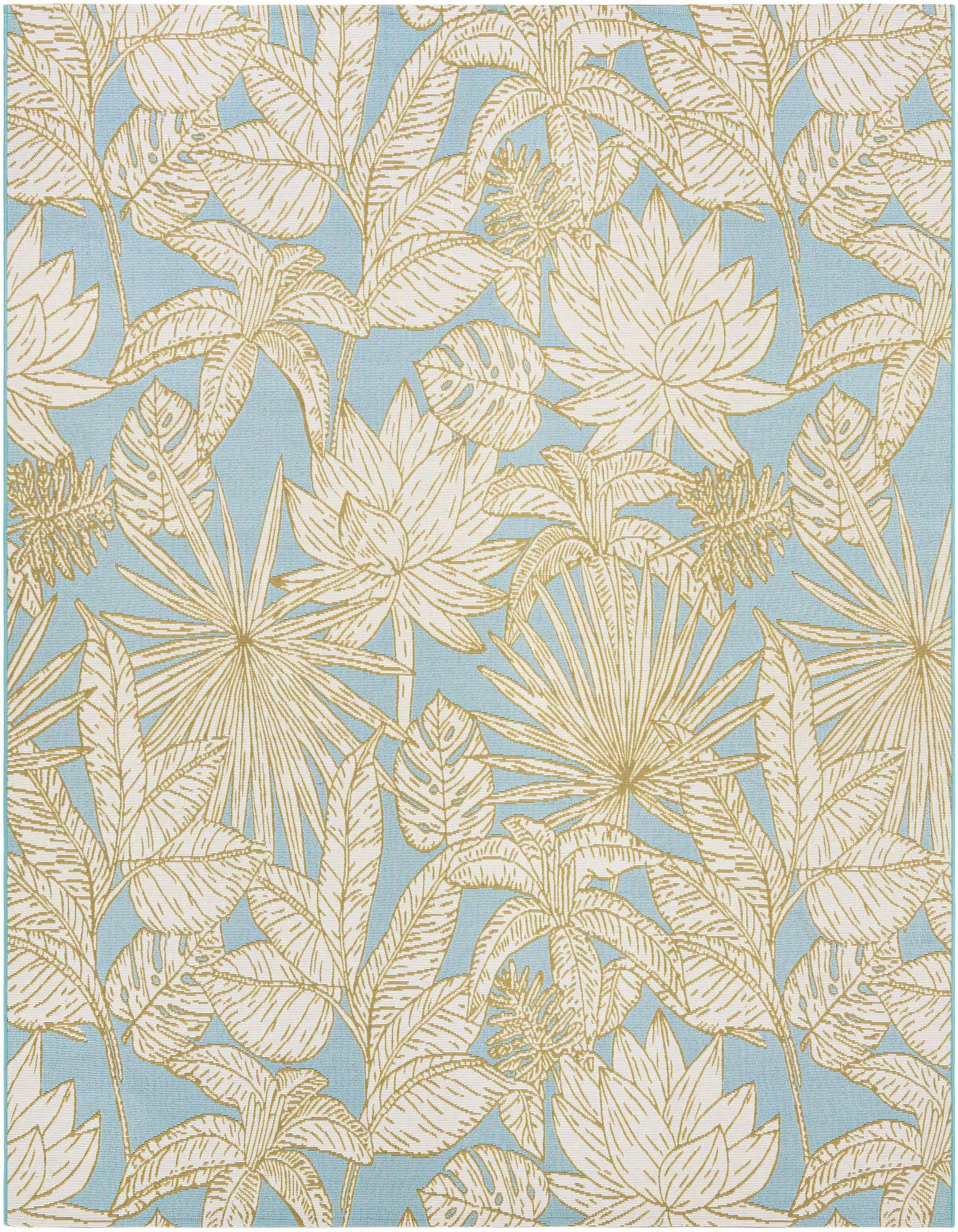 A square 7' 10 x 7' 10 indoor/outdoor rug with a soft blue background and a modern botanical pattern of gold and white leaves and flowers.
