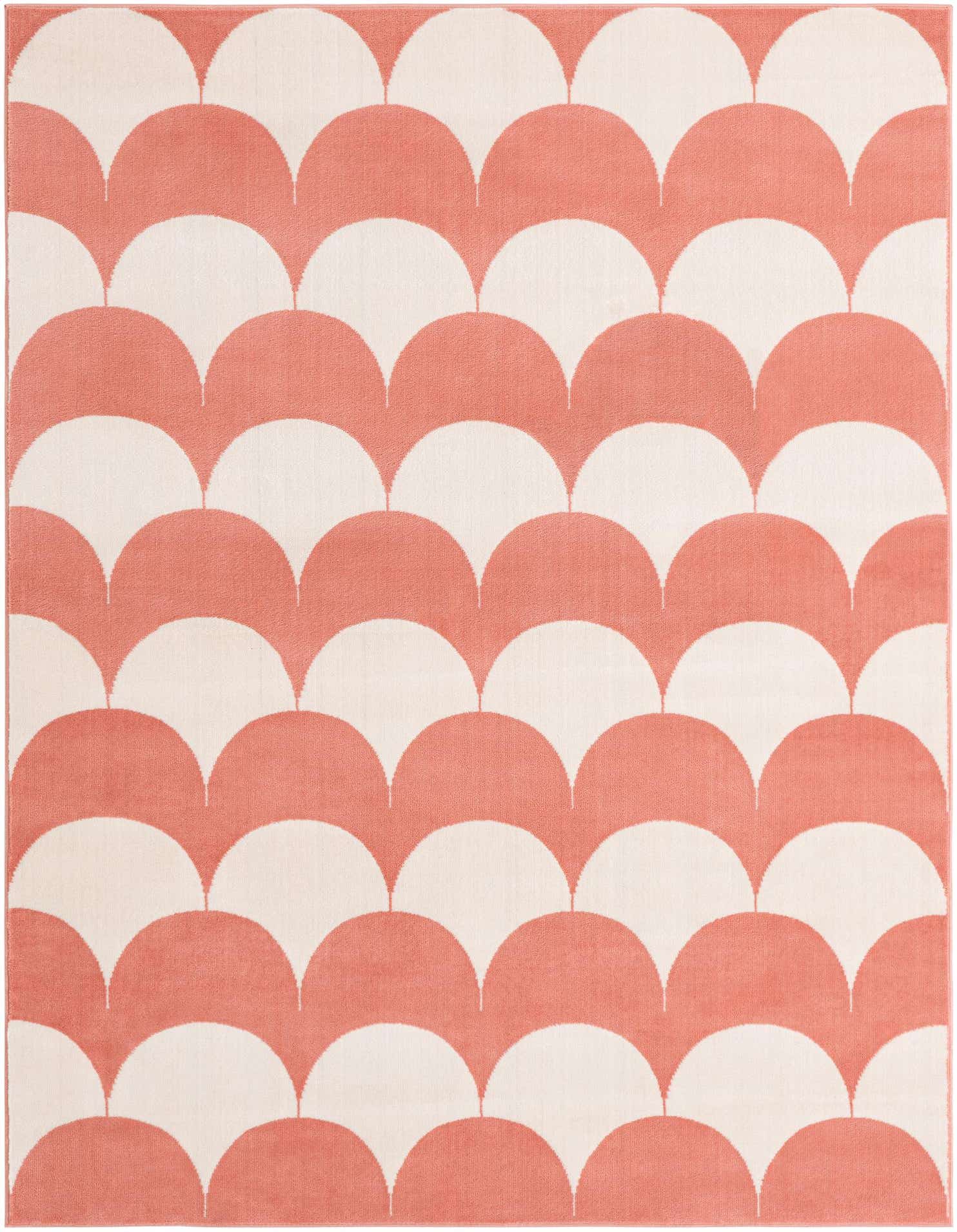 A 5x7 rectangular indoor rug featuring a modern abstract pattern of alternating soft coral pink and white scallop shapes.