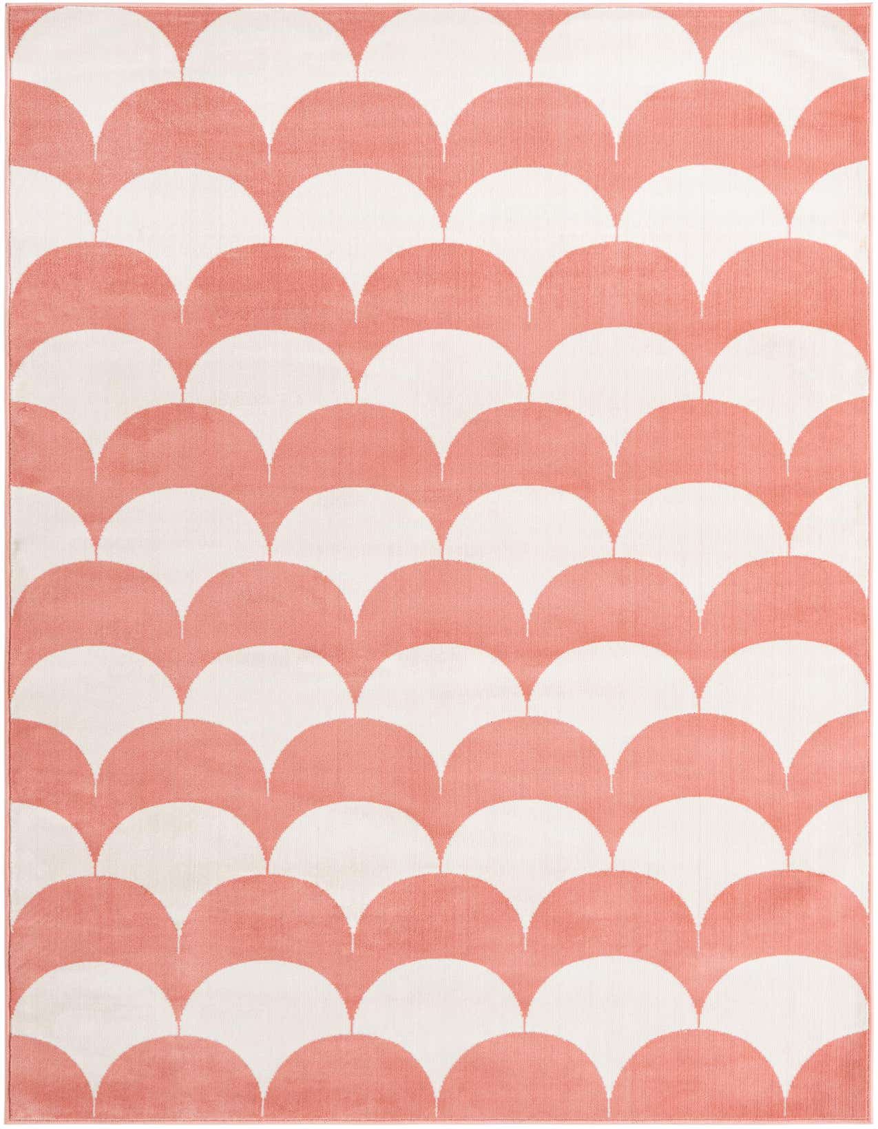 A 5x8 rectangular rug featuring a modern abstract pattern of soft coral pink and white scallop shapes.