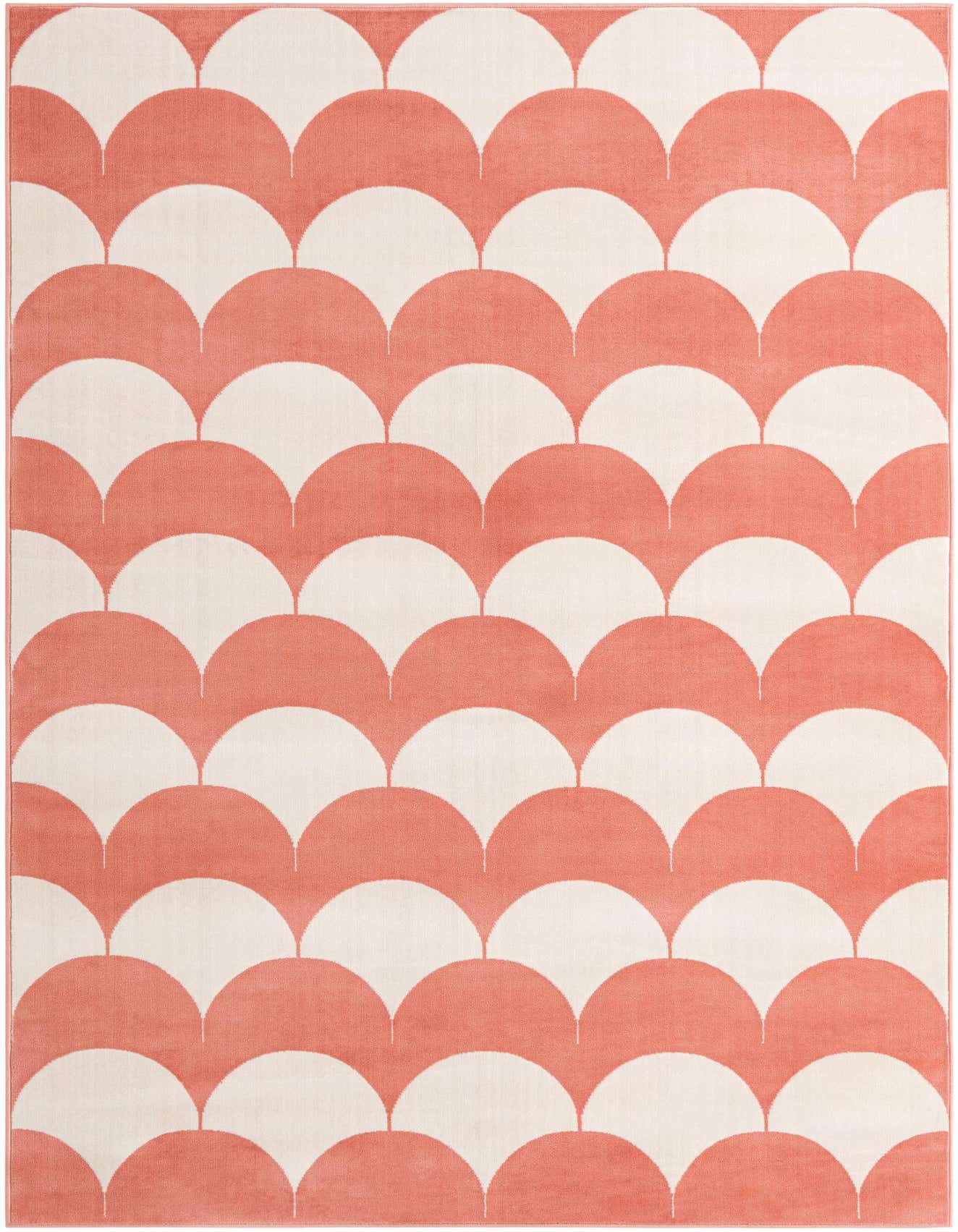A 6x9 rectangular rug featuring a playful modern abstract scallop pattern in soft coral pink and cream.