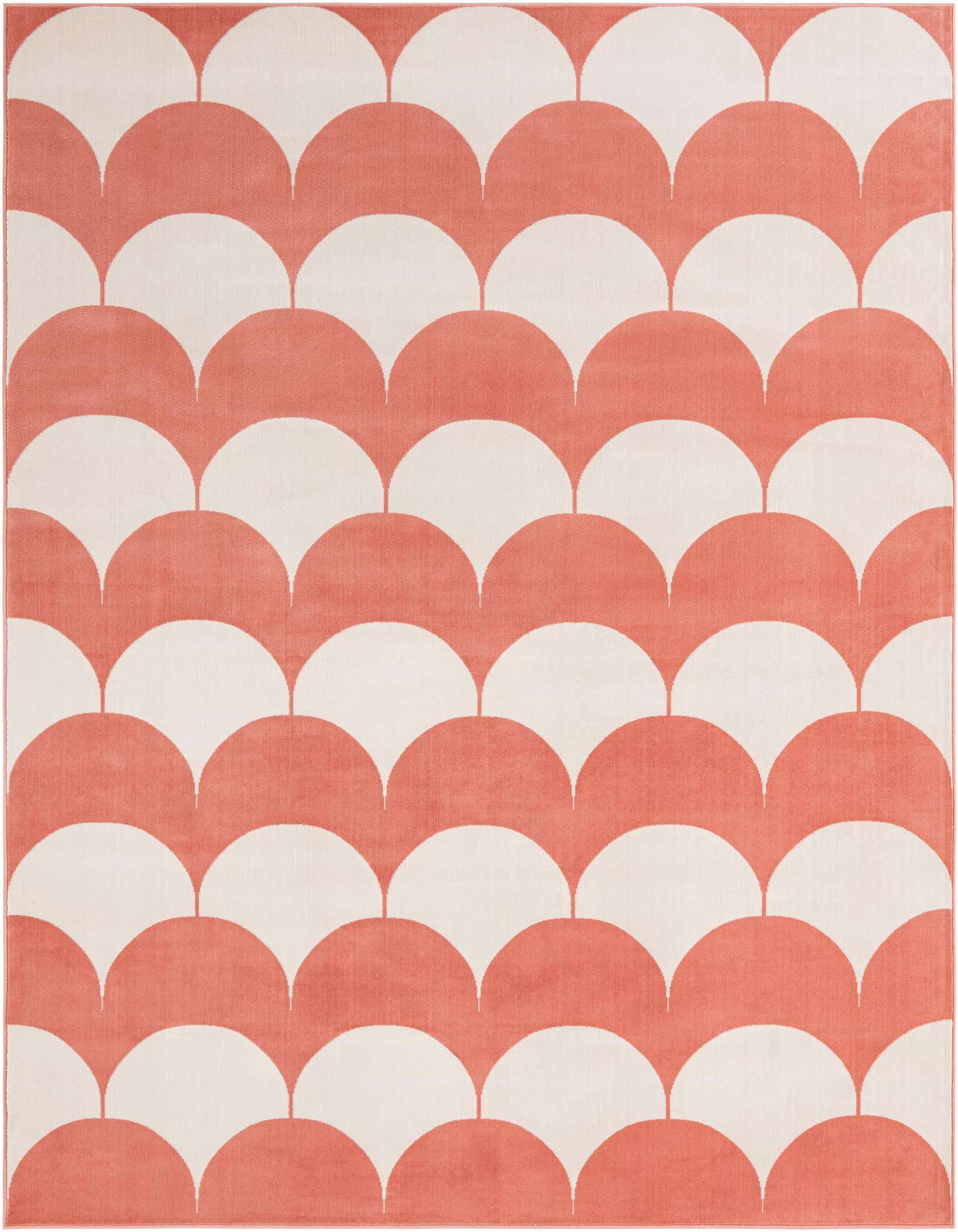 A rectangular 8x10 soft coral pink and white rug featuring a modern abstract scallop pattern, suitable for a living room or bedroom.