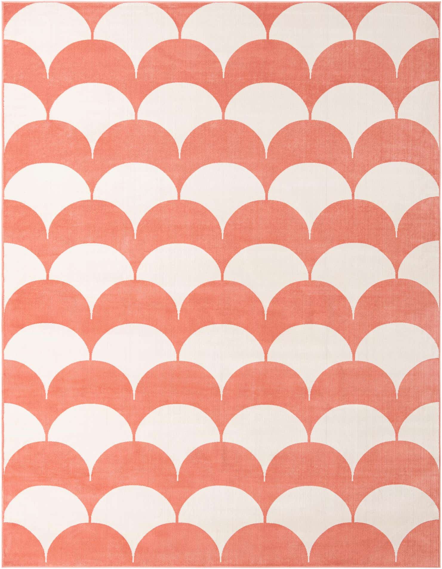 A 9x12 rectangular area rug featuring a playful modern abstract pattern of soft coral pink and white scallop shapes.