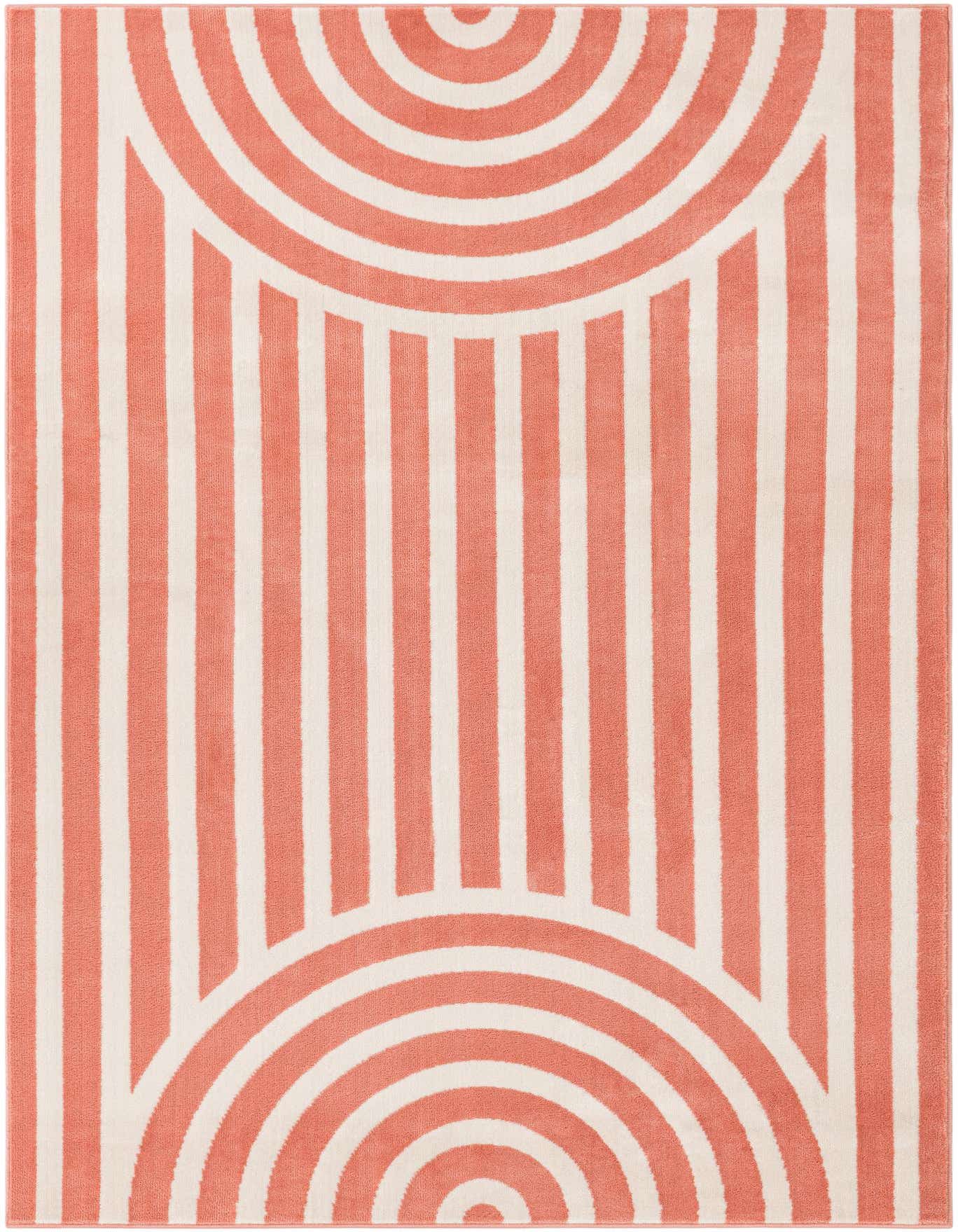 A 4x6 rectangular rug in soft coral pink and white, featuring a modern stripe pattern with large concentric half-circles at the top and bottom.