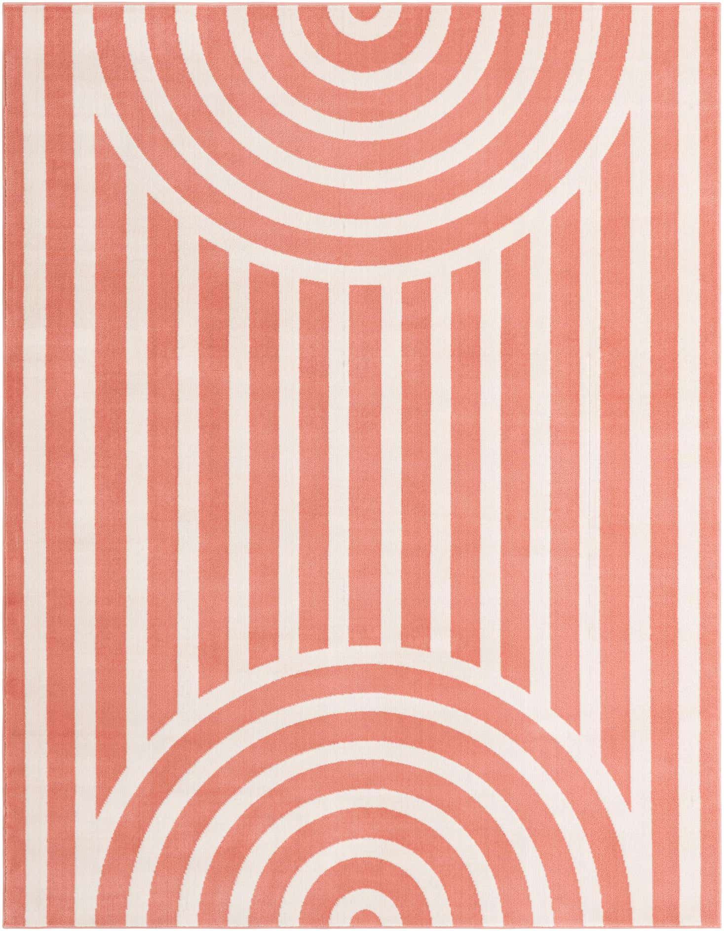 A 5x7 rectangular area rug featuring a modern design with soft coral pink and white vertical stripes and concentric half-circles at the top and bottom.