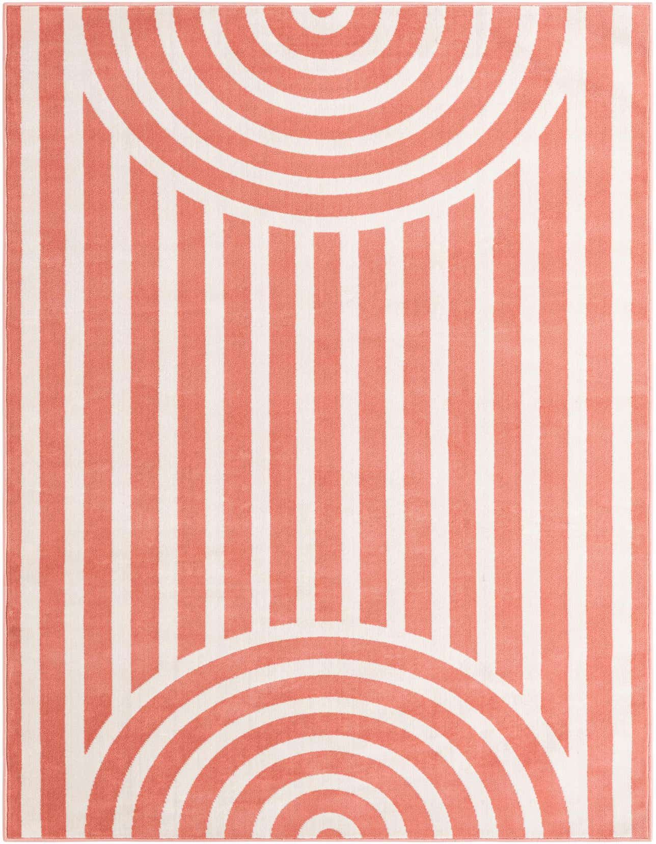 A 5x8 rectangular rug featuring a modern pattern of vertical soft coral pink and white stripes, with concentric white half-circles at the top and bottom.