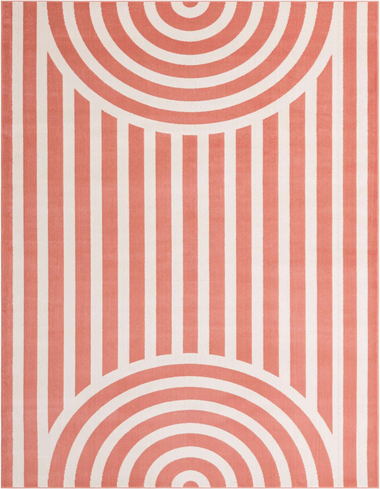 A 6x9 rectangular rug featuring a modern pattern of soft coral pink and white stripes with concentric half-circles at the top and bottom.