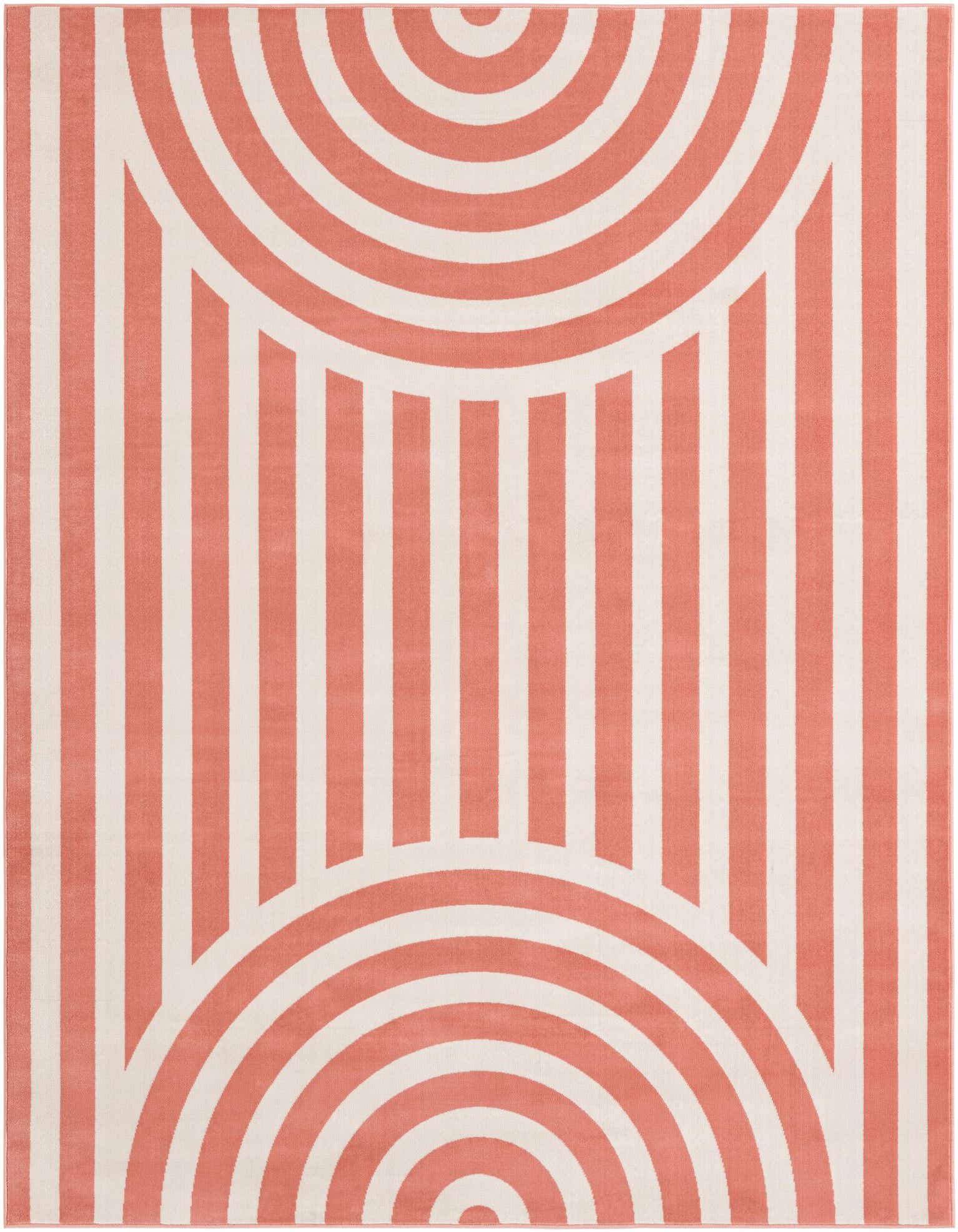 A rectangular 8x10 soft coral pink and white modern striped rug with semi-circular patterns at the top and bottom.
