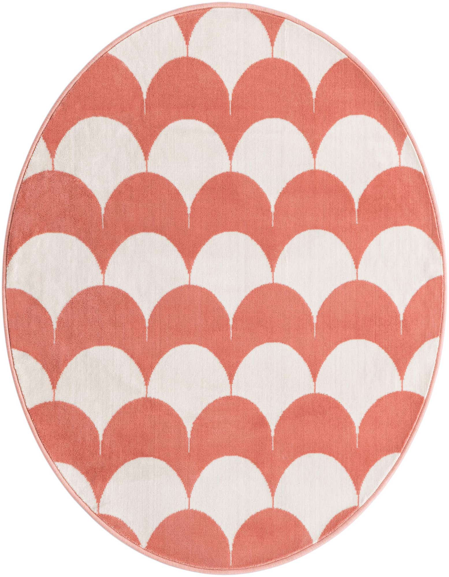 A 4' round rug featuring a modern abstract scallop pattern in soft coral pink and off-white, perfect for a child's room.