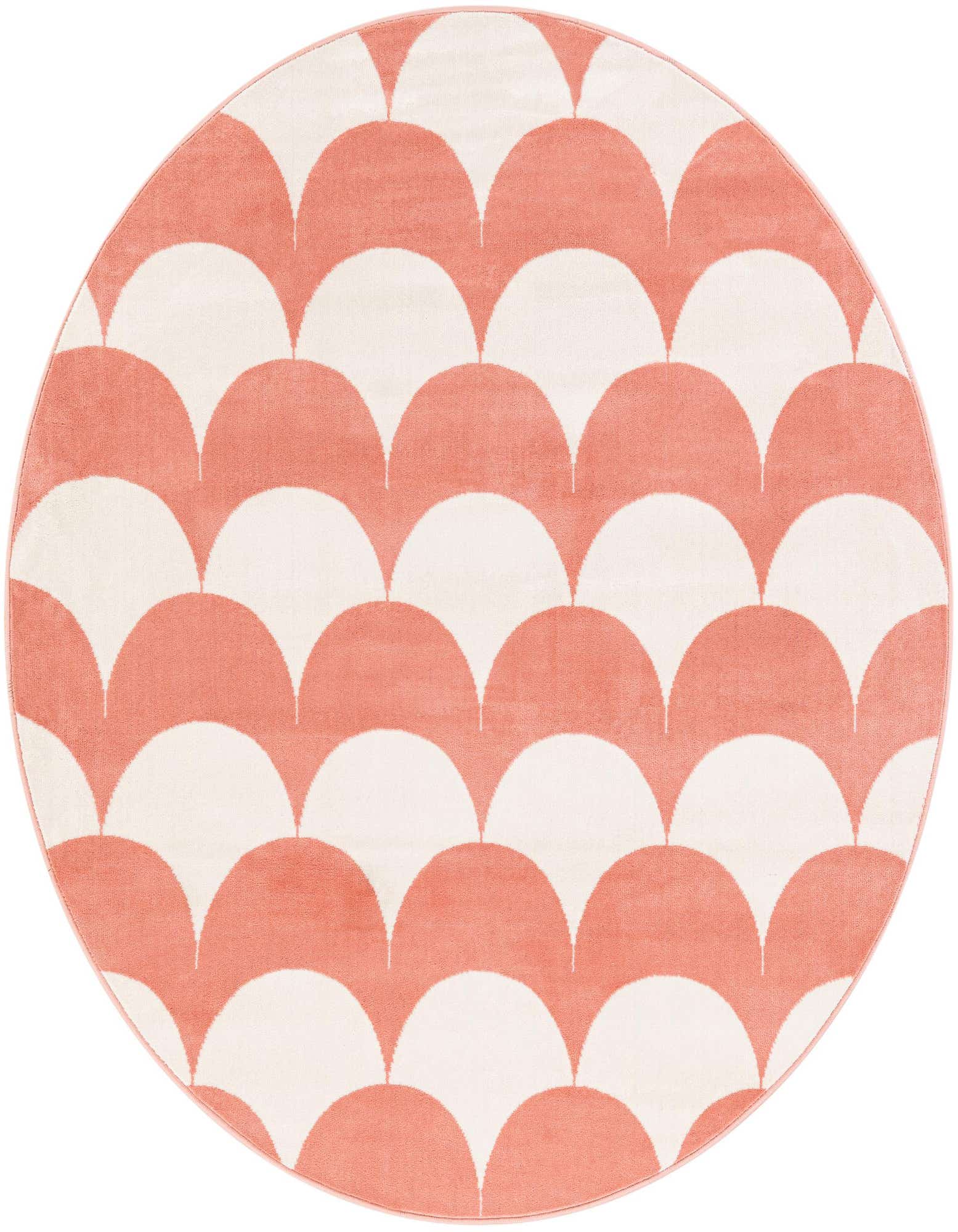 A 5' 3 round rug with a modern abstract pattern of soft coral pink and cream scallop shapes.
