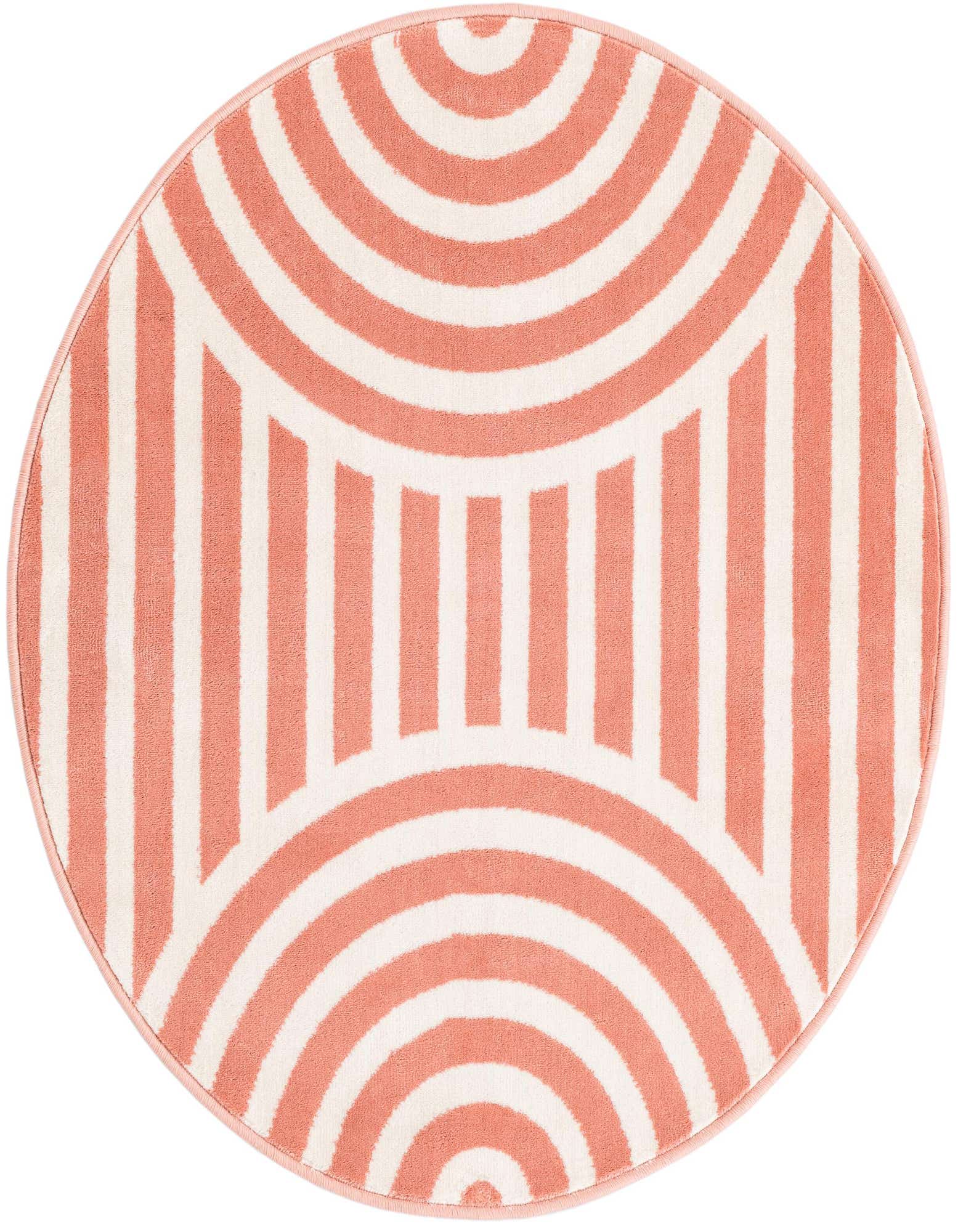 A 3' 0 x 3' 0 round rug featuring a modern stripe pattern in soft coral pink and white, suitable for a child's room.