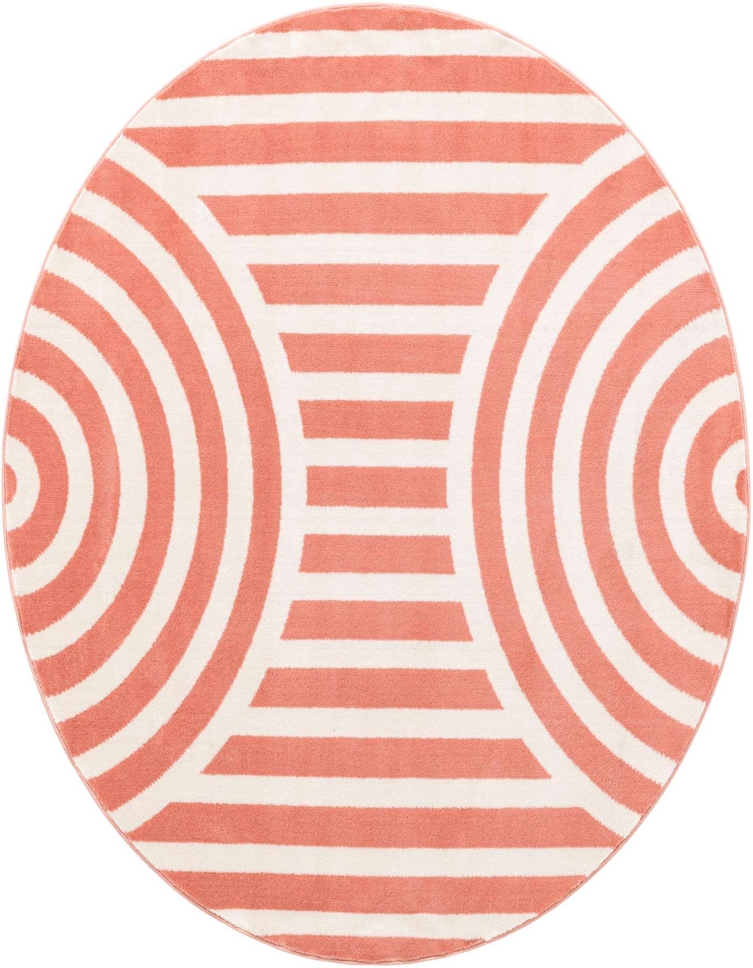 A round 4' soft coral pink and white modern rug featuring a bold geometric stripe pattern with concentric circles and horizontal lines.