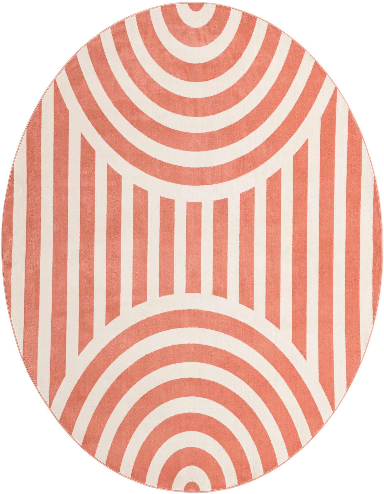 A 7' 10 round rug in soft coral pink and white, featuring a modern geometric stripe and arc pattern.