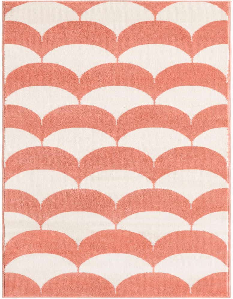 A 5 ft runner rug with a modern abstract pattern of soft coral pink and white scallop shapes.
