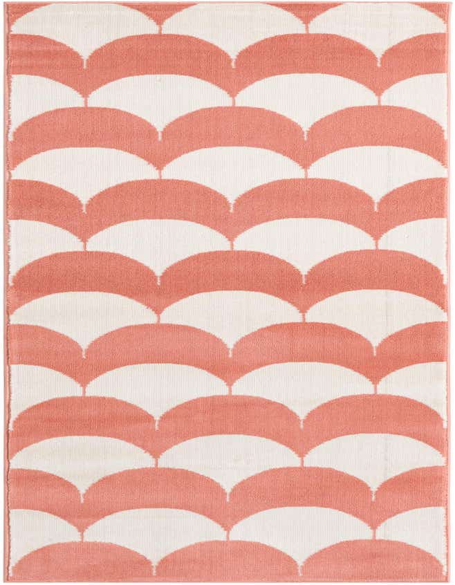 A 6 ft runner rug featuring a modern abstract pattern of soft coral pink semicircles on a cream background, ideal for a hallway.