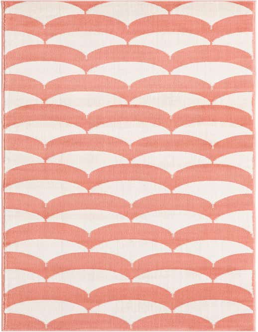 A soft coral pink and cream 8 ft runner rug with a modern abstract scallop pattern, ideal for a hallway or kitchen.