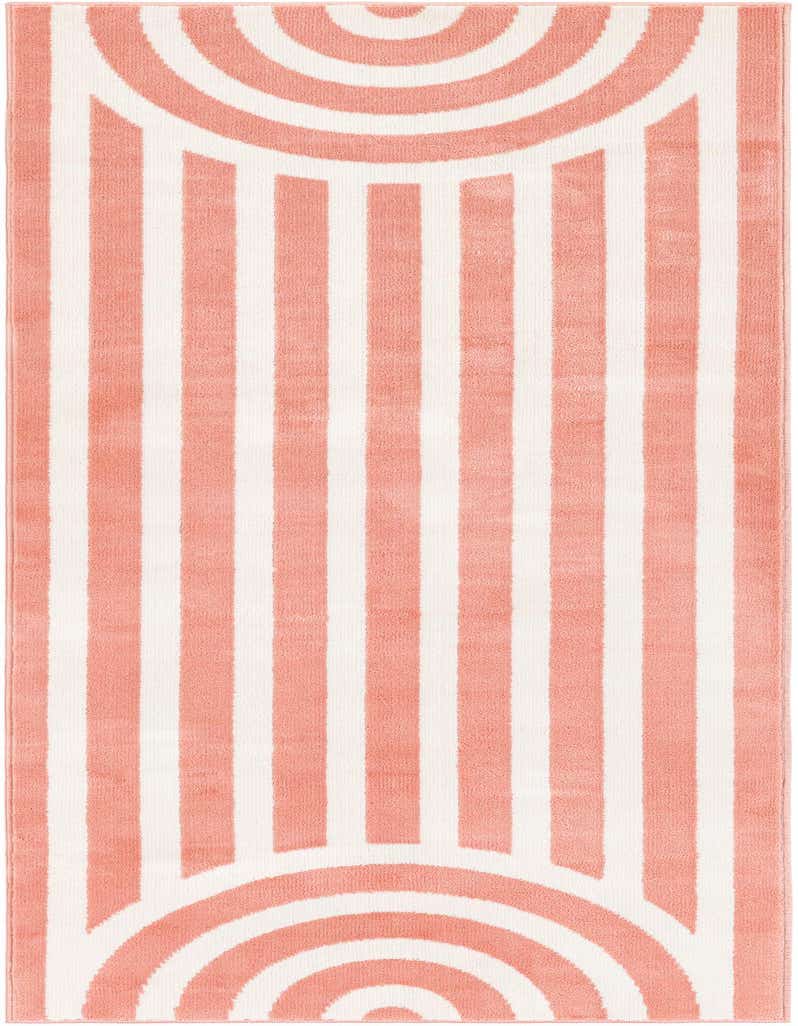 A 5 ft runner rug with a modern design featuring soft coral pink and white vertical stripes, accented by concentric half-circles at each end.