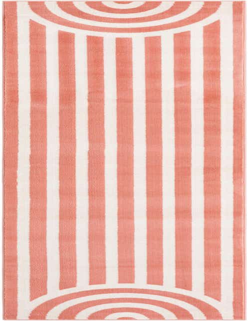 A long 8 ft runner rug featuring soft coral pink and white vertical stripes with a modern arch pattern at each end.