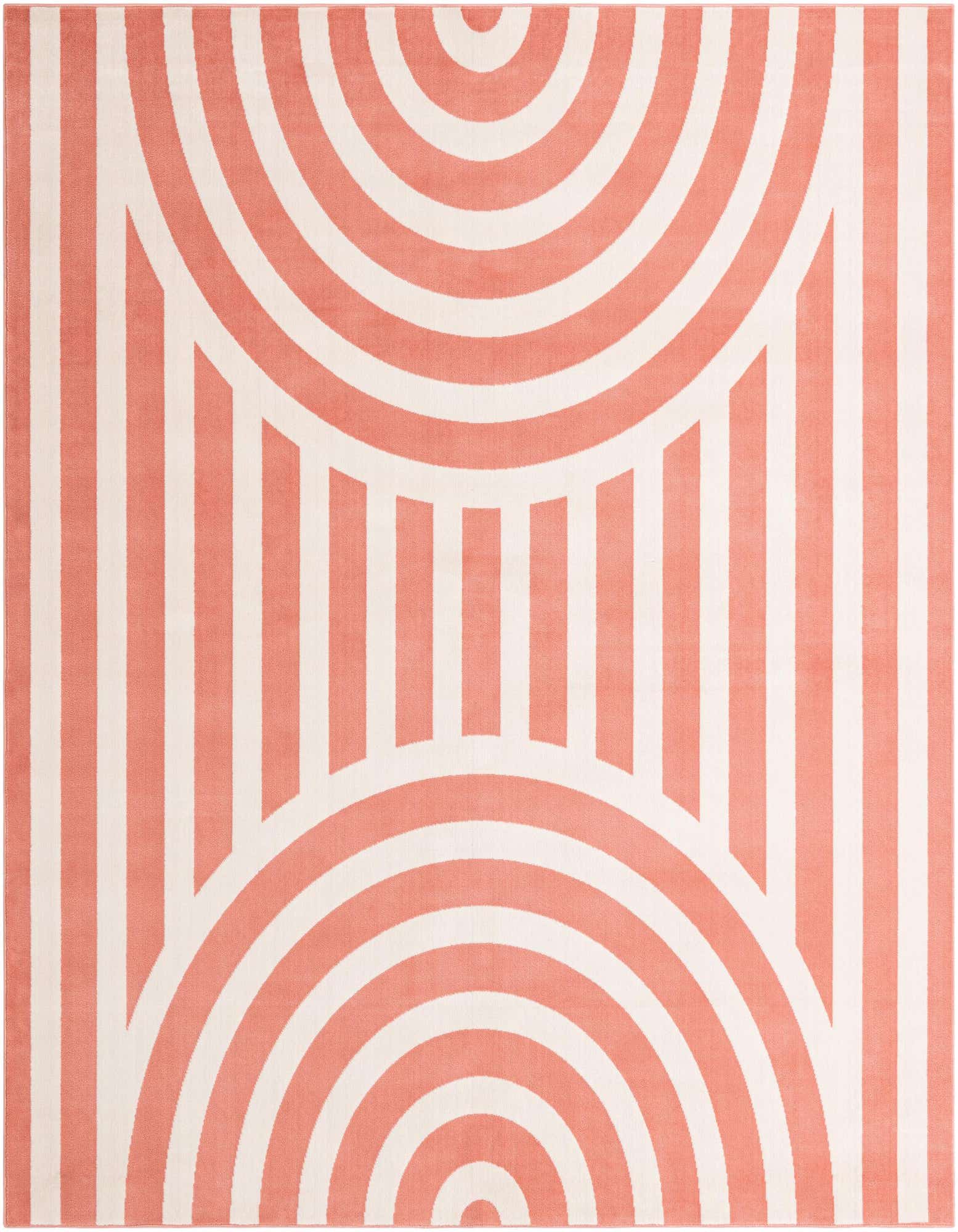 A soft coral pink and white square rug featuring a modern geometric pattern of concentric arcs and vertical stripes.