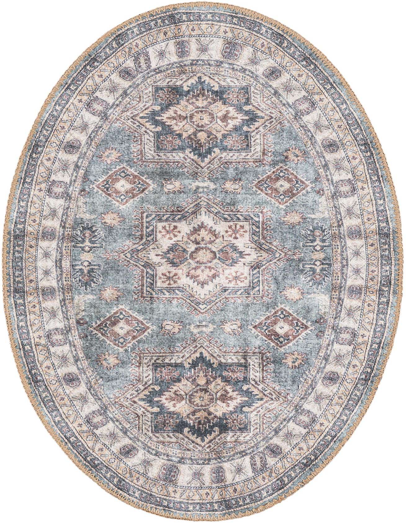 An oval soft green rug with a distressed traditional medallion and oriental pattern, featuring accents of brown, cream, and blue, with a visible textured flatweave.
