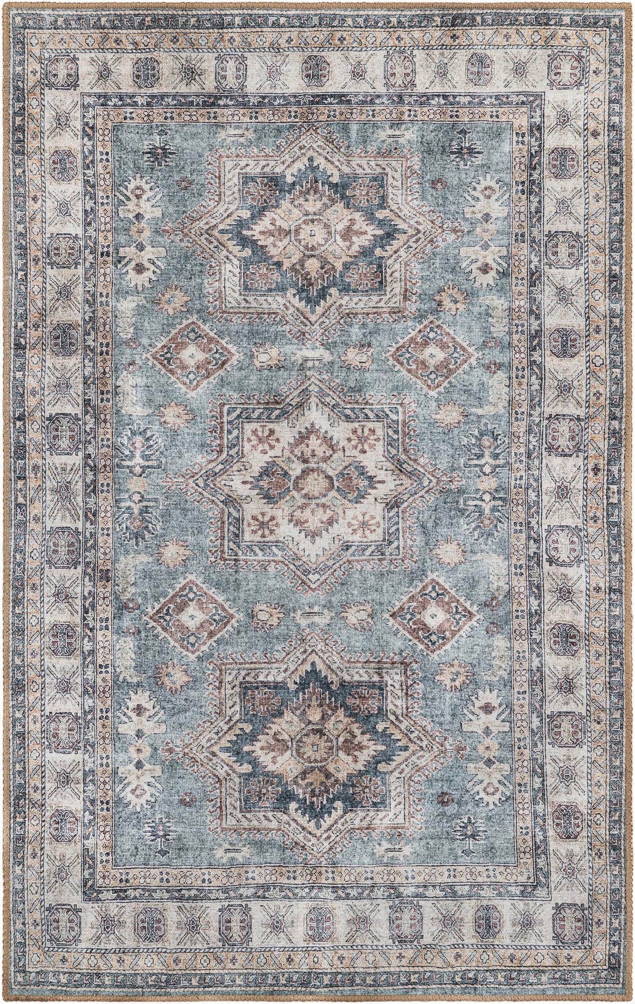 A 3x5 rectangular Rugs.com Timeless area rug featuring a soft green background with a distressed modern pattern in cream, brown, and navy.