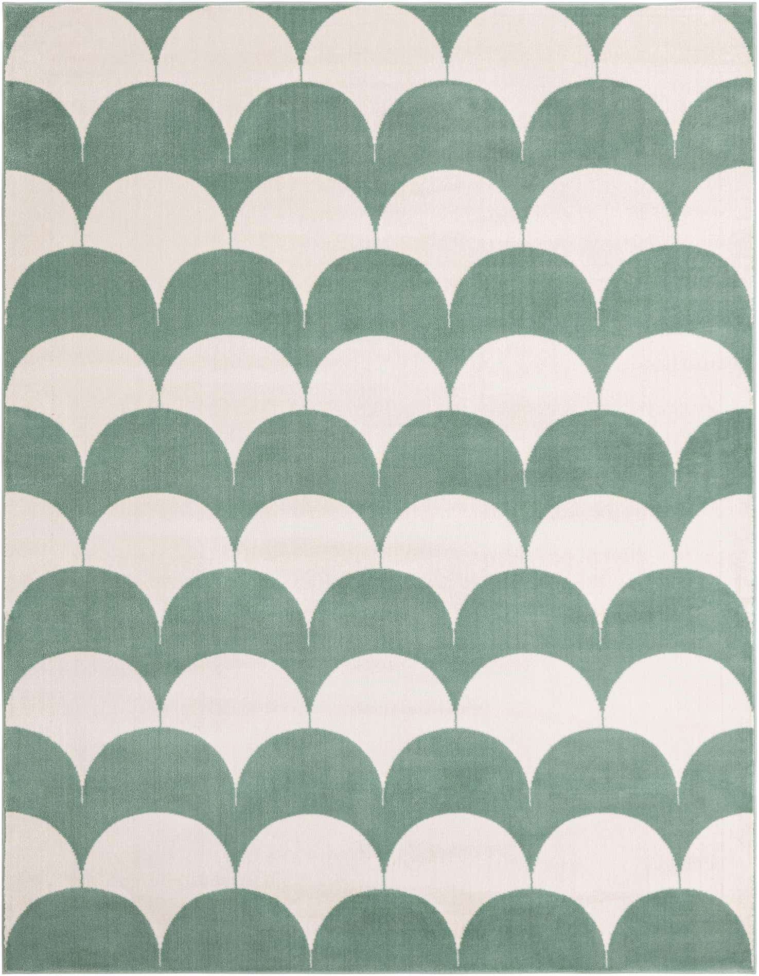 A 5x7 rectangular area rug featuring a modern abstract pattern of alternating soft green and off-white scallop shapes.