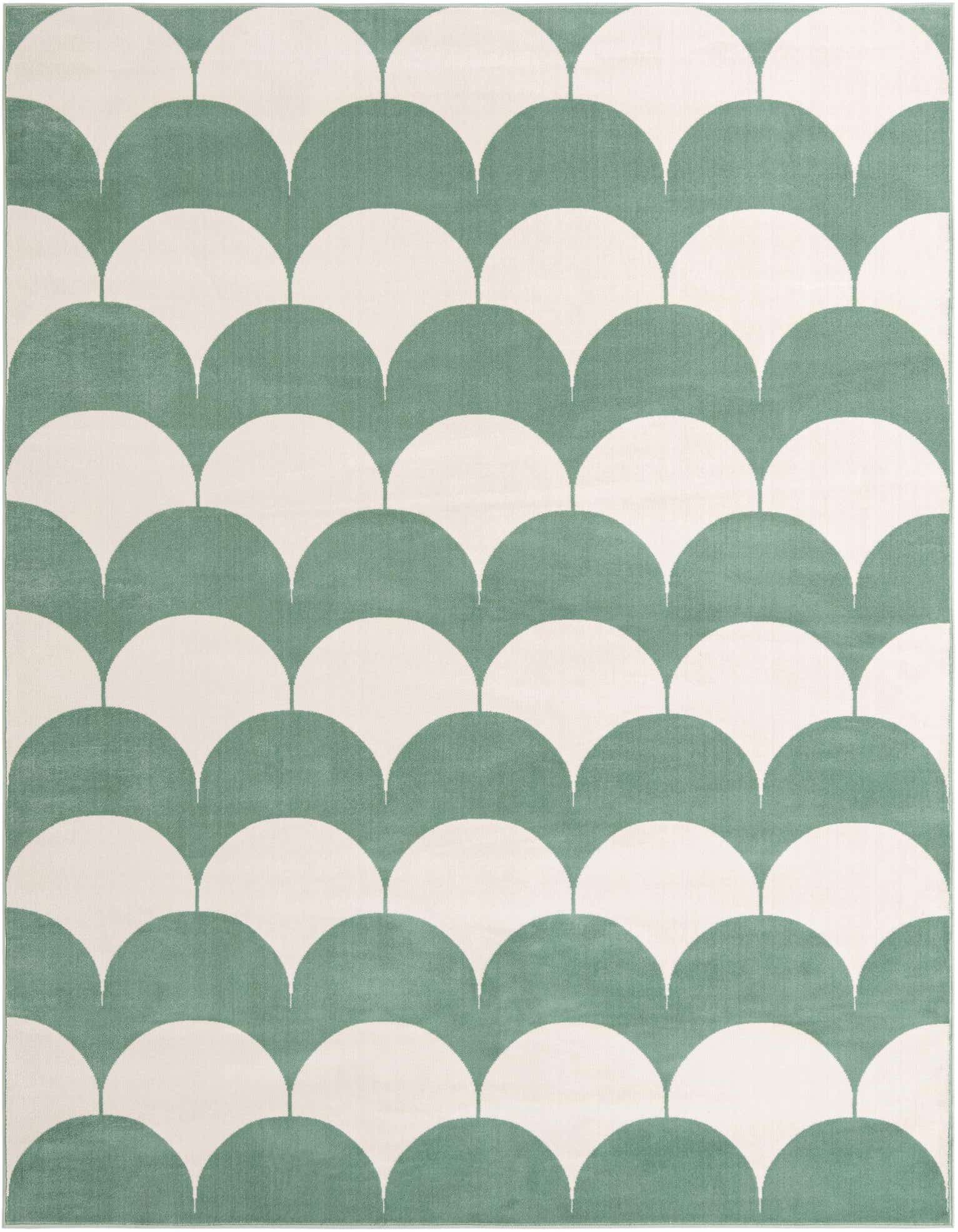 An 8x10 rectangular rug with a modern abstract pattern of soft green and off-white scallop shapes.
