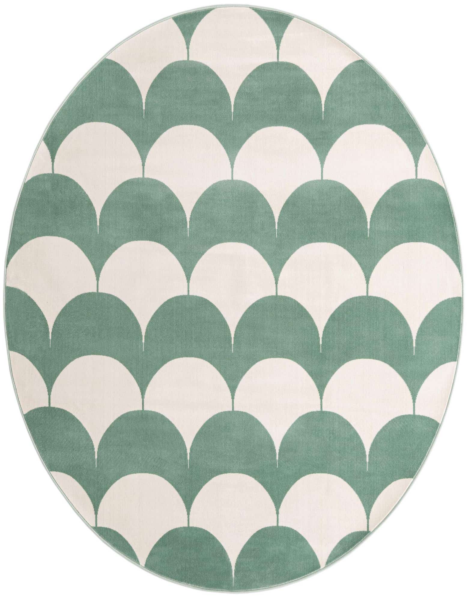 A round 7' 10" soft green and cream rug with a modern abstract scallop pattern, suitable for a child's room.