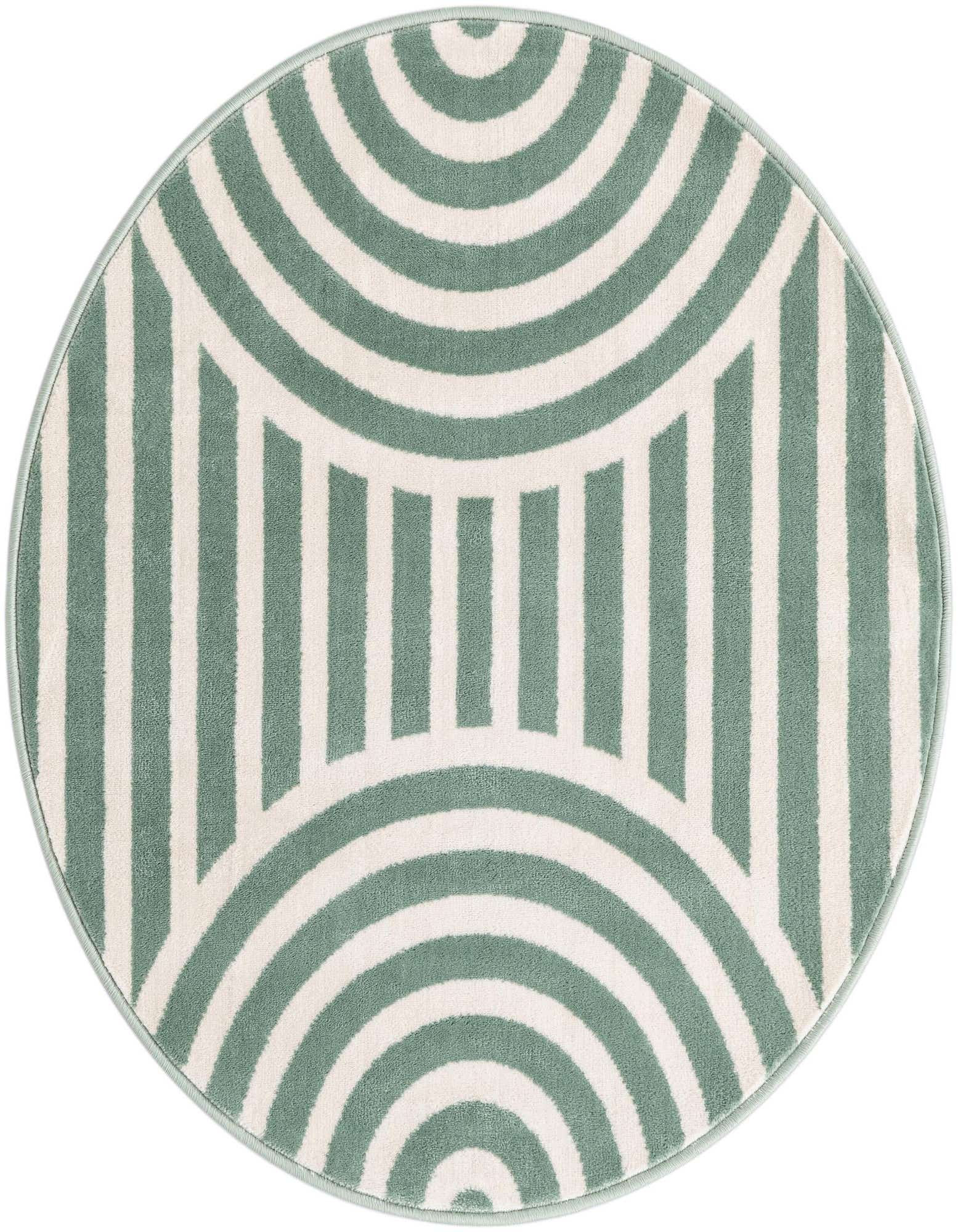 A 3' round Soft Green and cream modern rug with a bold geometric stripe and arch pattern, ideal for a child's room.