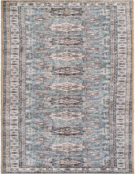 A 12 ft runner rug in soft green with traditional Oriental patterns and a textured, flatweave pile.
