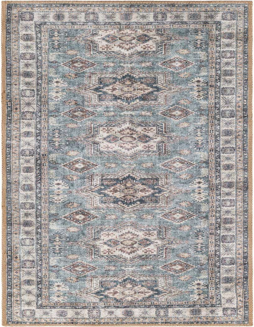 A 5 ft runner rug in soft green with a distressed traditional pattern, ideal for a hallway or patio.