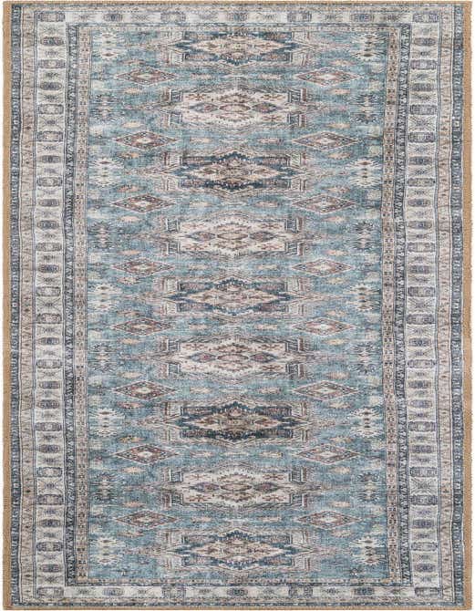 A soft green 8 ft runner rug with a traditional Oriental medallion pattern and intricate border, ideal for hallways.