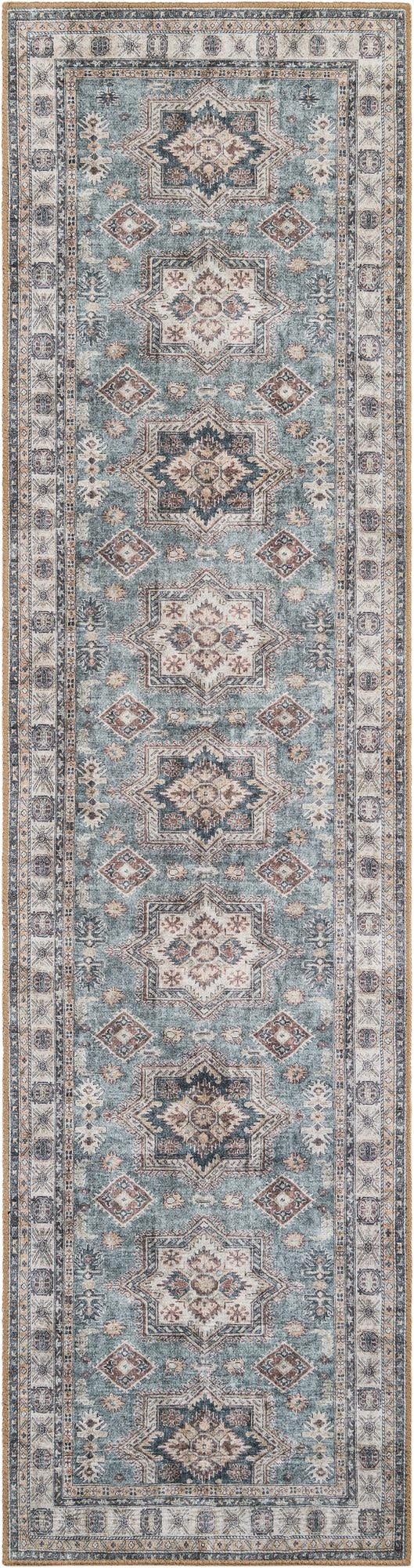 A 10 ft runner rug in soft green with a distressed traditional pattern and a natural fiber border, ideal for a hallway or patio.