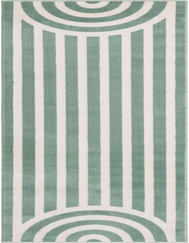 A 6 ft runner rug with a modern design featuring alternating soft green and white vertical stripes, with a semi-circle pattern at each end.