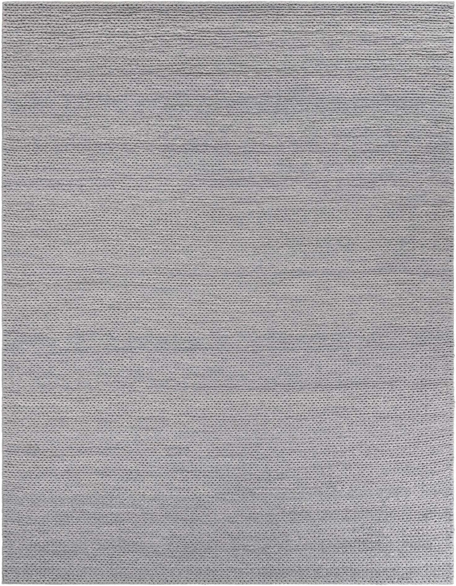 A 9x12 rectangular gray modern area rug with a textured, solid New Zealand wool surface, suitable for a living room or office.