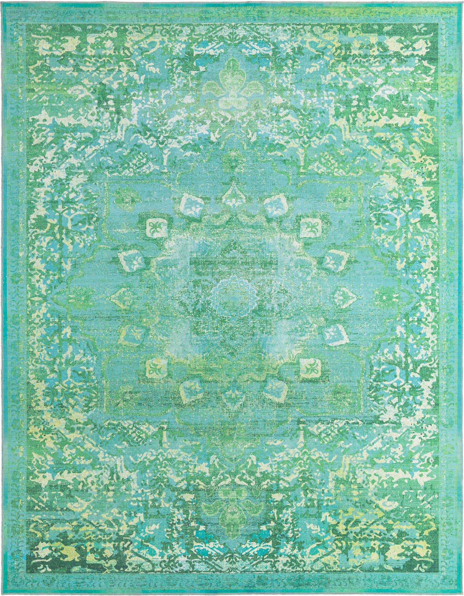 A 10x13 rectangular Francesca rug in shades of green with a distressed traditional medallion pattern, ideal for a living room.