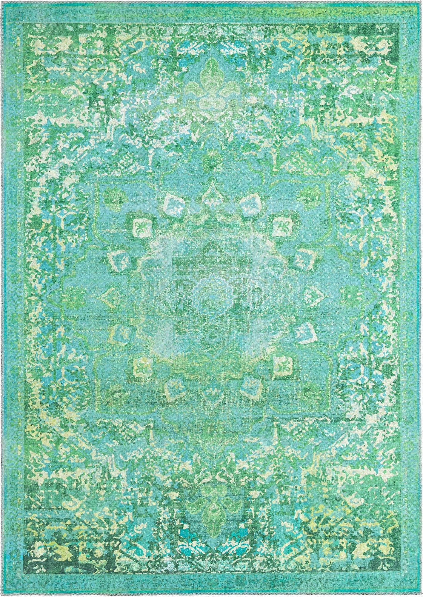 A rectangular 8x11 Francesca rug in varying shades of green with a distressed traditional medallion and border pattern.