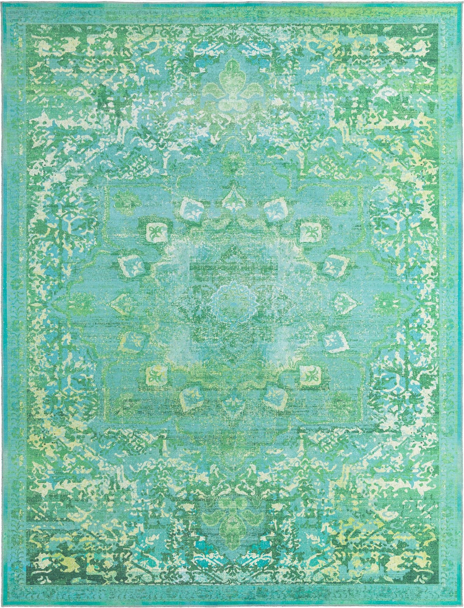 A 9x12 rectangular Francesca rug by Rugs.com featuring a distressed green traditional medallion pattern on a teal background.