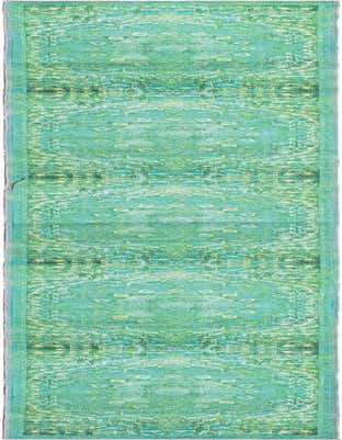 A 13 ft runner rug in varying shades of green, featuring a distressed traditional medallion pattern, ideal for a hallway.