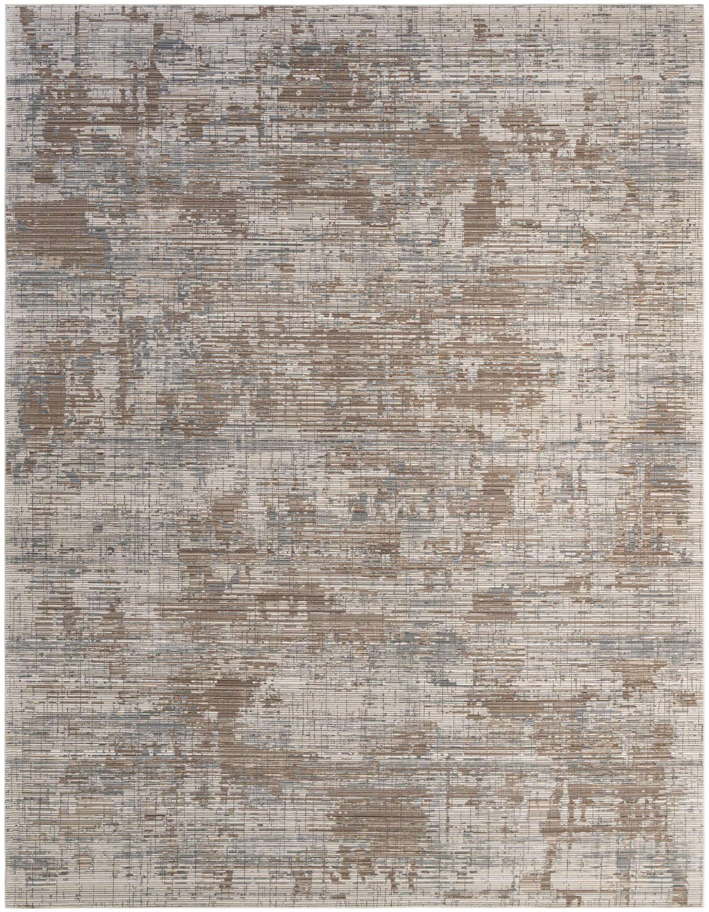 A 10x14 rectangular indoor rug featuring a modern abstract pattern in shades of brown, tan, and white.