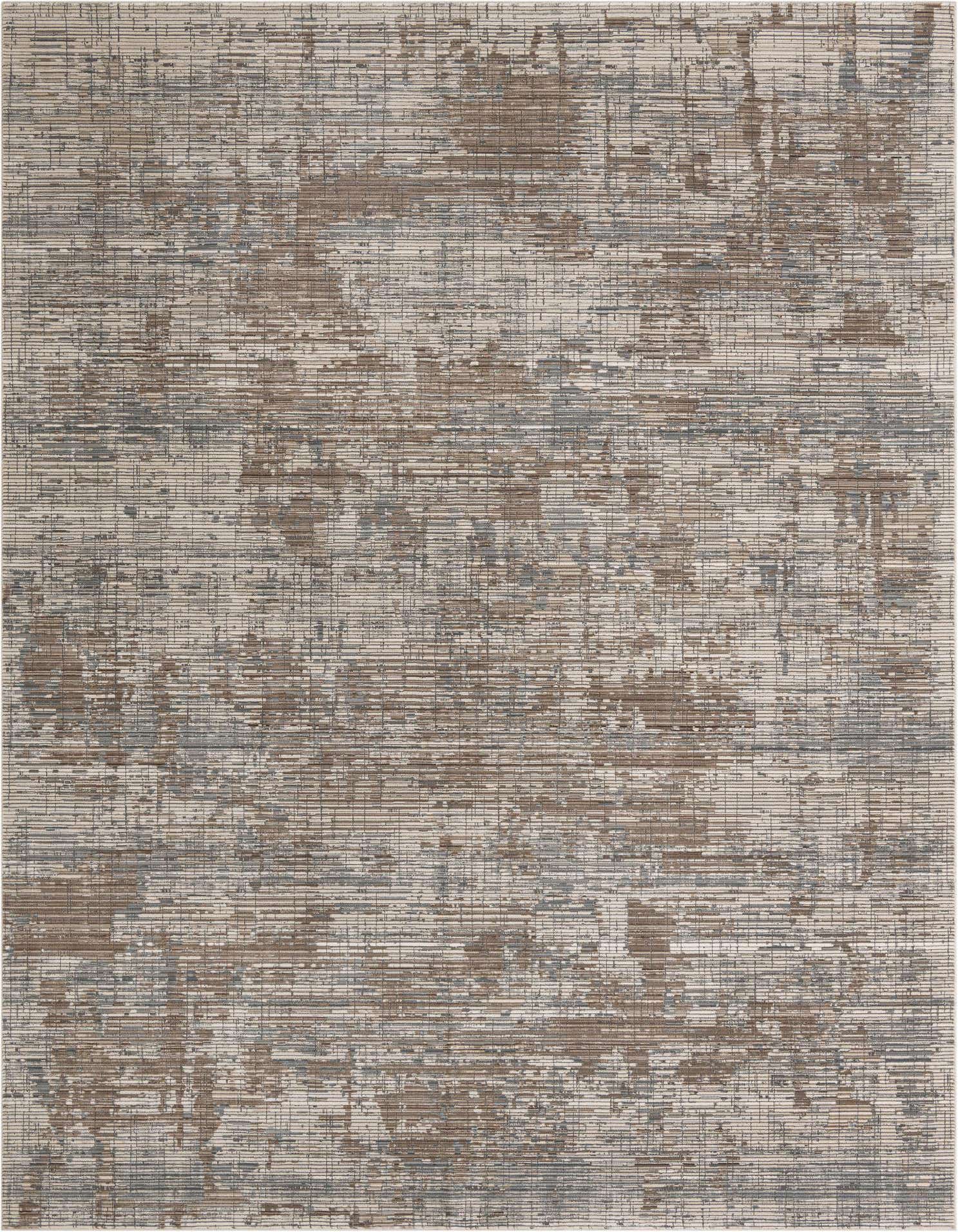 A 9x12 rectangular rug featuring an abstract pattern with horizontal lines in shades of brown, tan, and white.