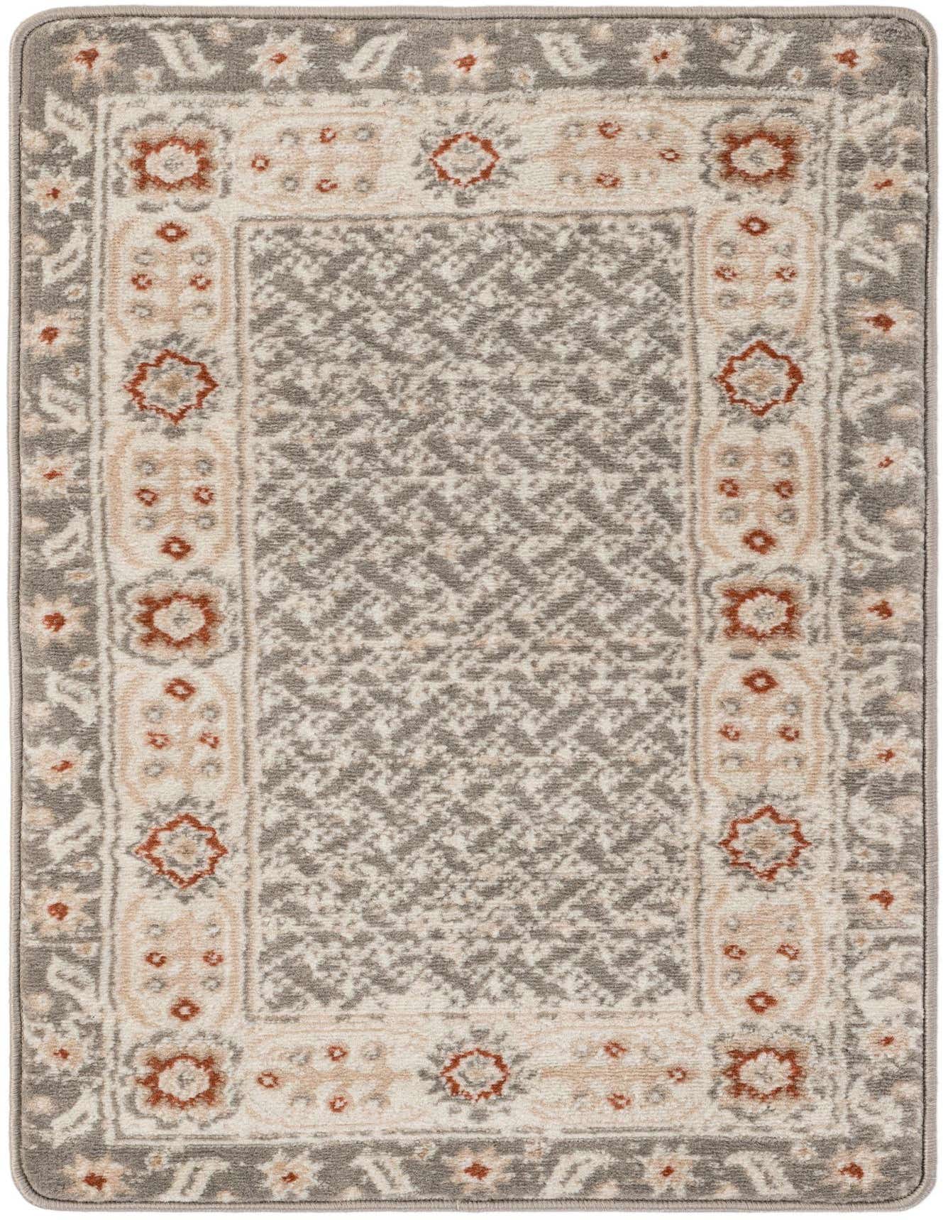 A 2x3 rectangular Charlotte rug in steel gray with a modern pattern and decorative border, suitable for an entryway.