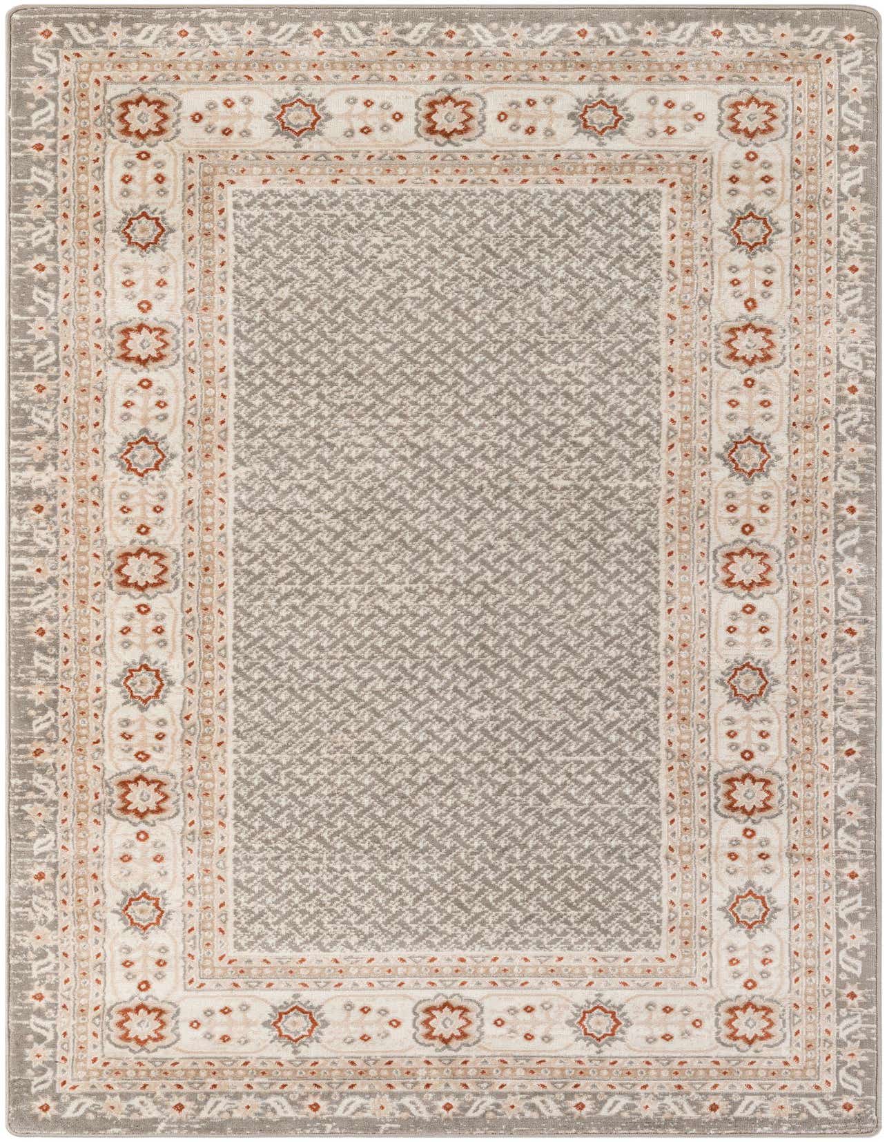 A rectangular 5x8 steel gray modern rug with a subtle geometric pattern in the center and a decorative border featuring floral motifs in cream, terracotta, and light gray.