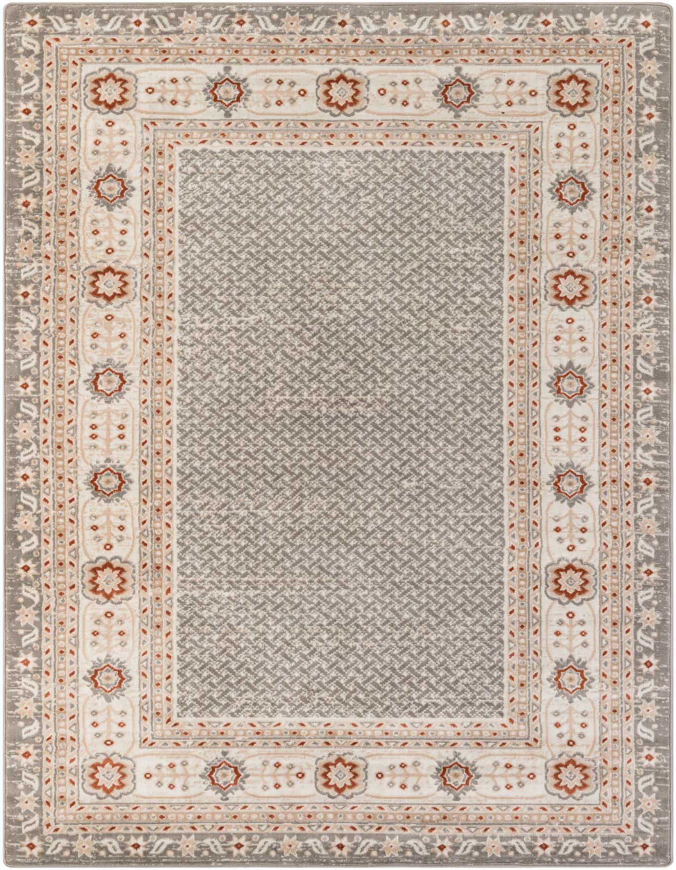 A 6x9 rectangular Charlotte rug in steel gray with a detailed traditional border featuring floral motifs in cream, rust, and beige.